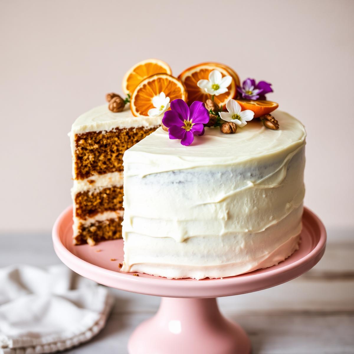Two-tier homemade carrot cake with cream cheese frosting topped with dried oranges and edible flowers
