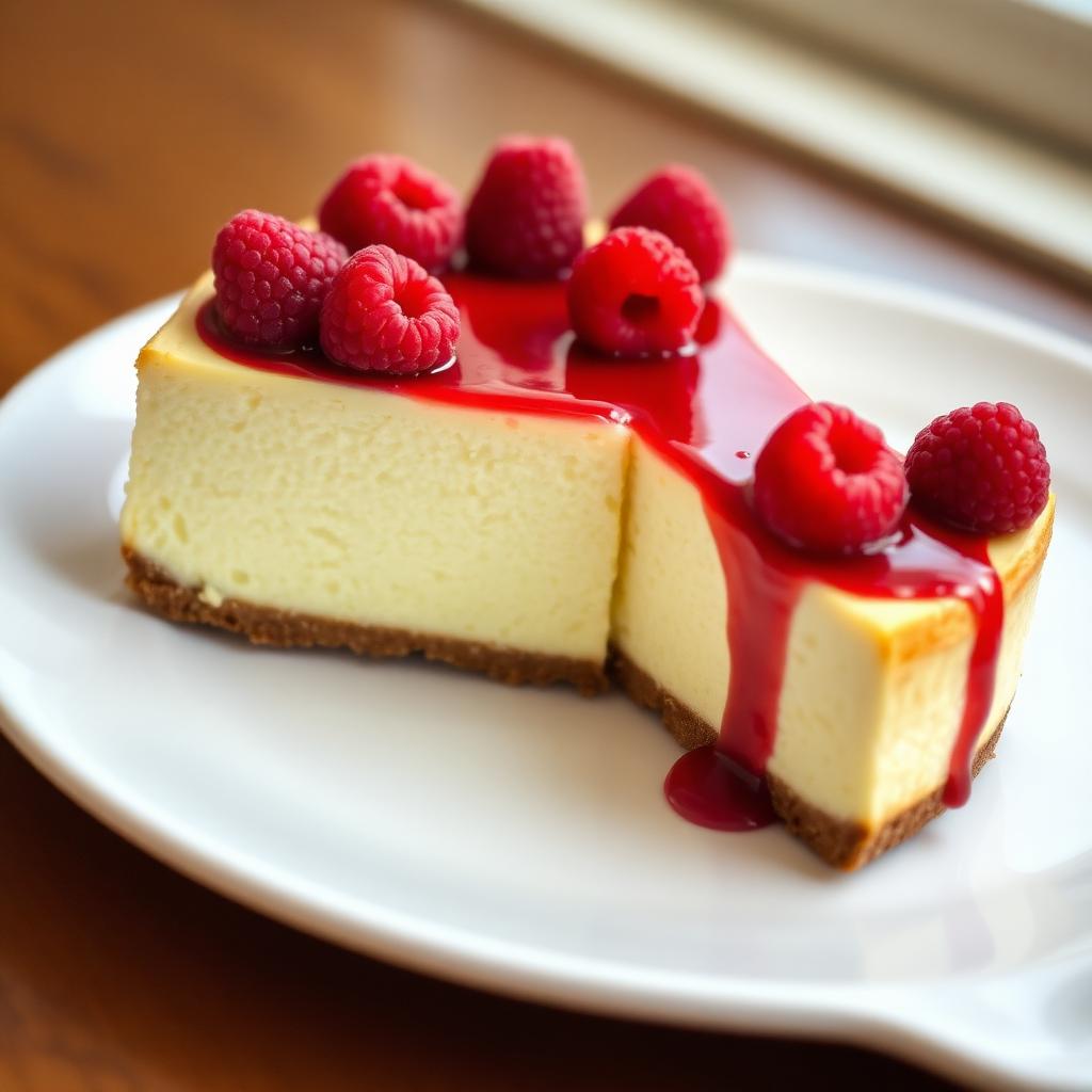 Slice of baked cheesecake topped with fresh raspberries and raspberry coulis
