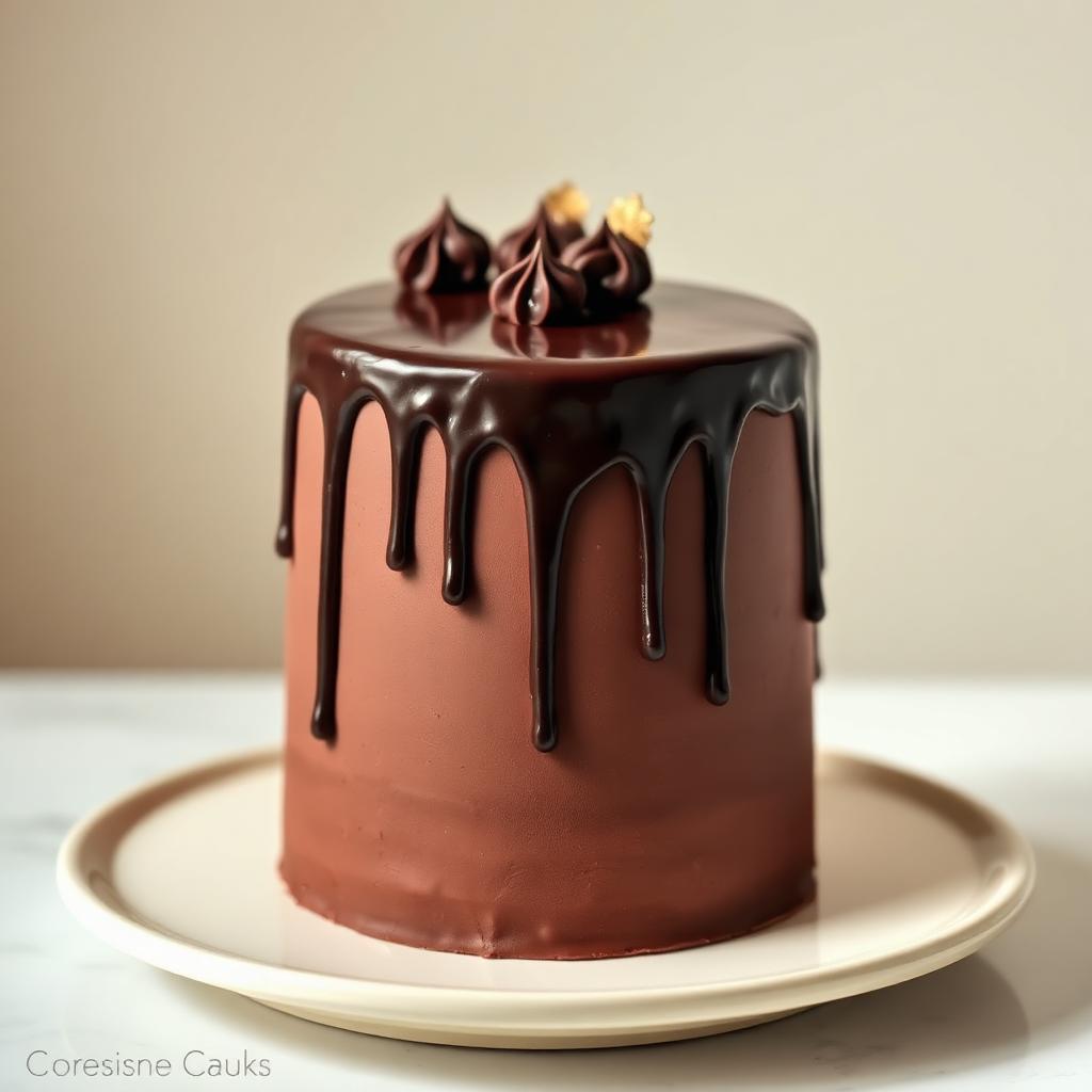 Tall chocolate ganache drip cake on a cream plate