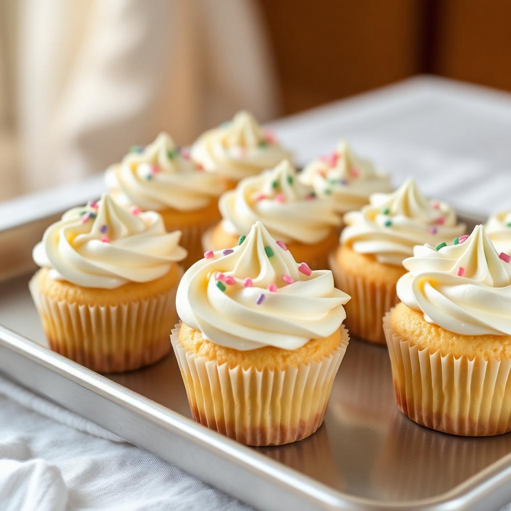 Tray of vanilla cupcakes with cream buttercream swirls and rainbow sprinkles