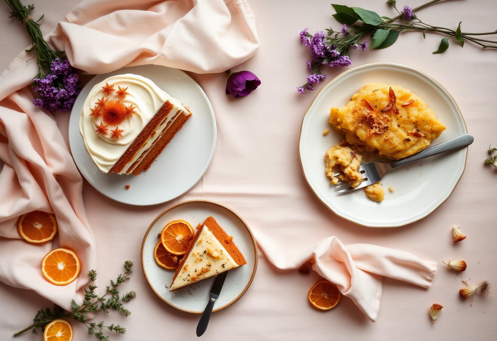 Slice of homemade carrot cake with cream cheese frosting beside a plate of cottage pie on a blush linen background