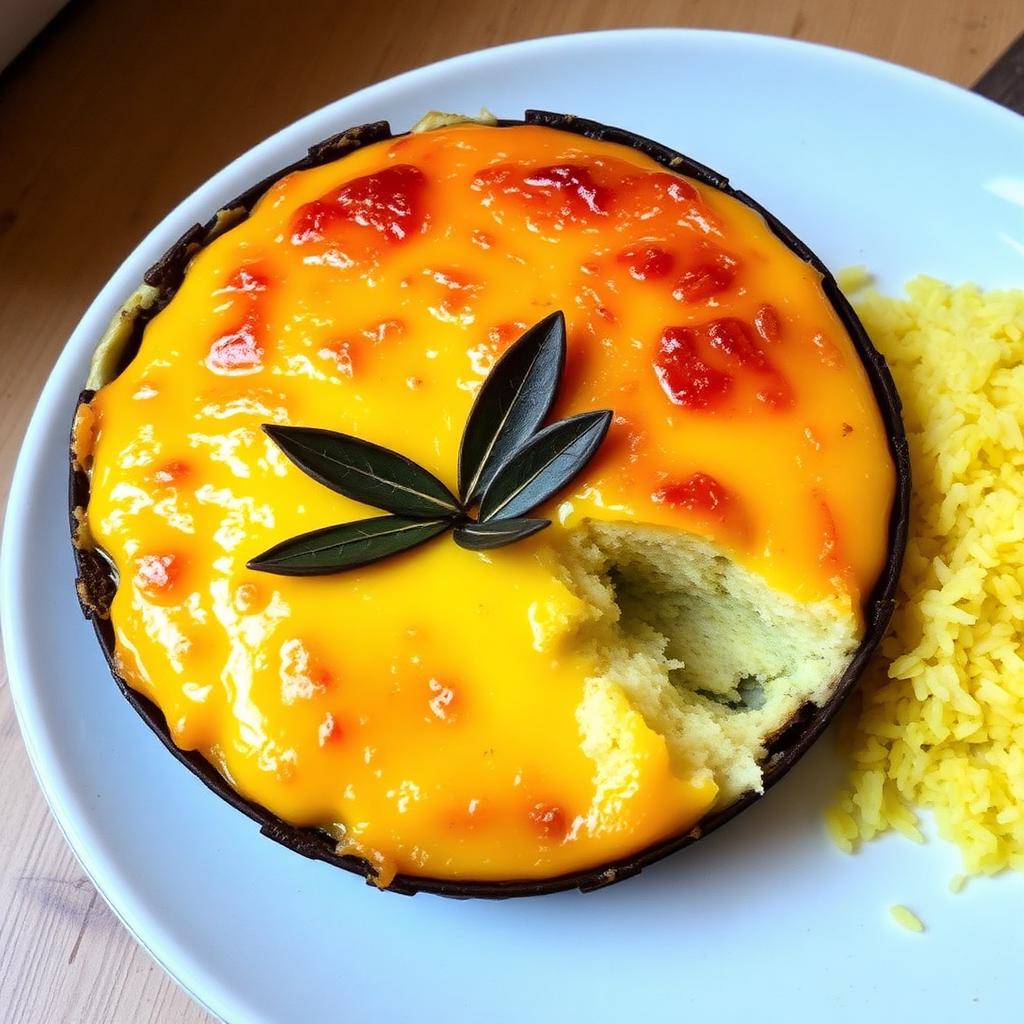 South African bobotie with golden custard topping served with yellow rice