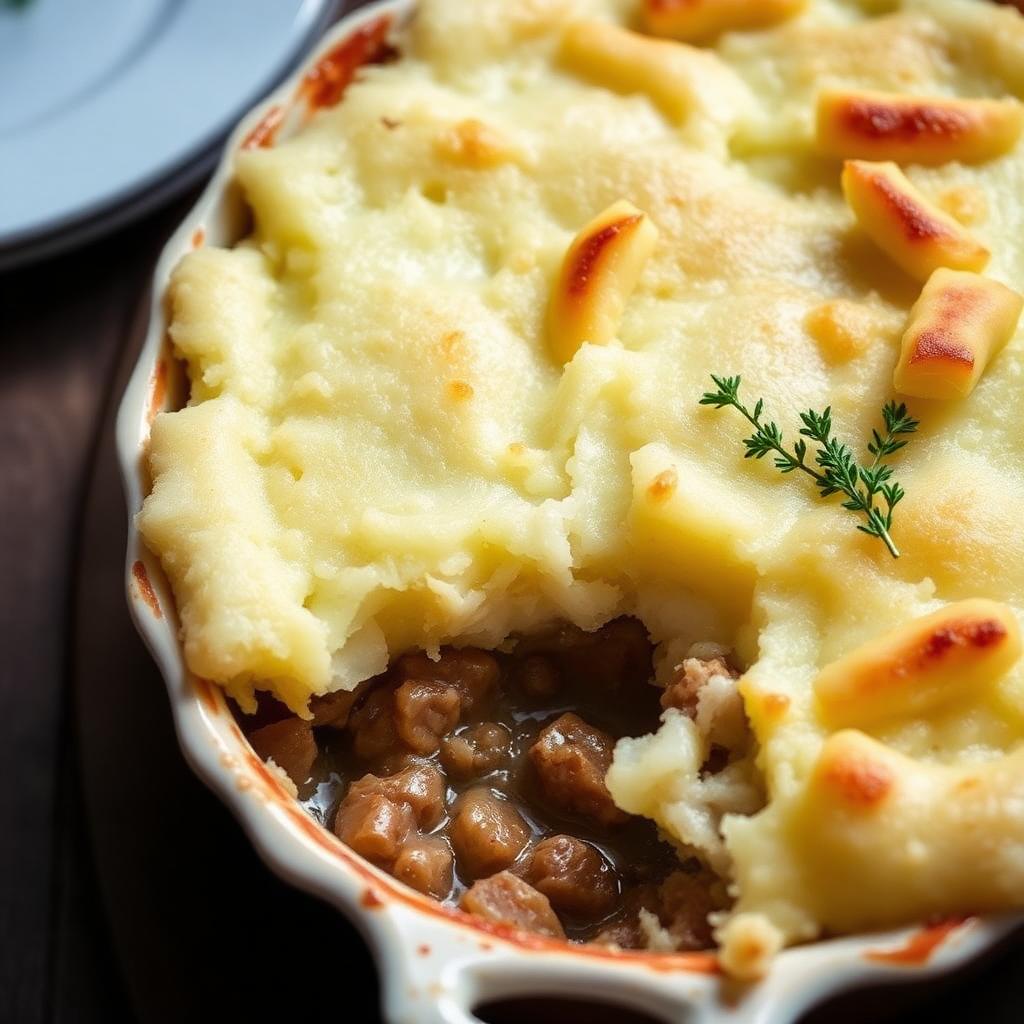 Cottage pie with golden fork-textured mashed potato topping and beef gravy filling