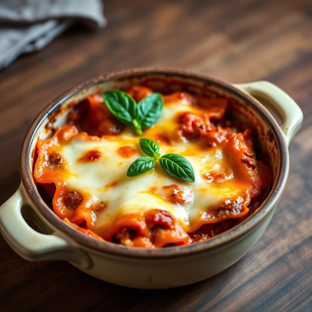 Homemade beef lasagna with golden bubbling cheese in a rustic ceramic dish