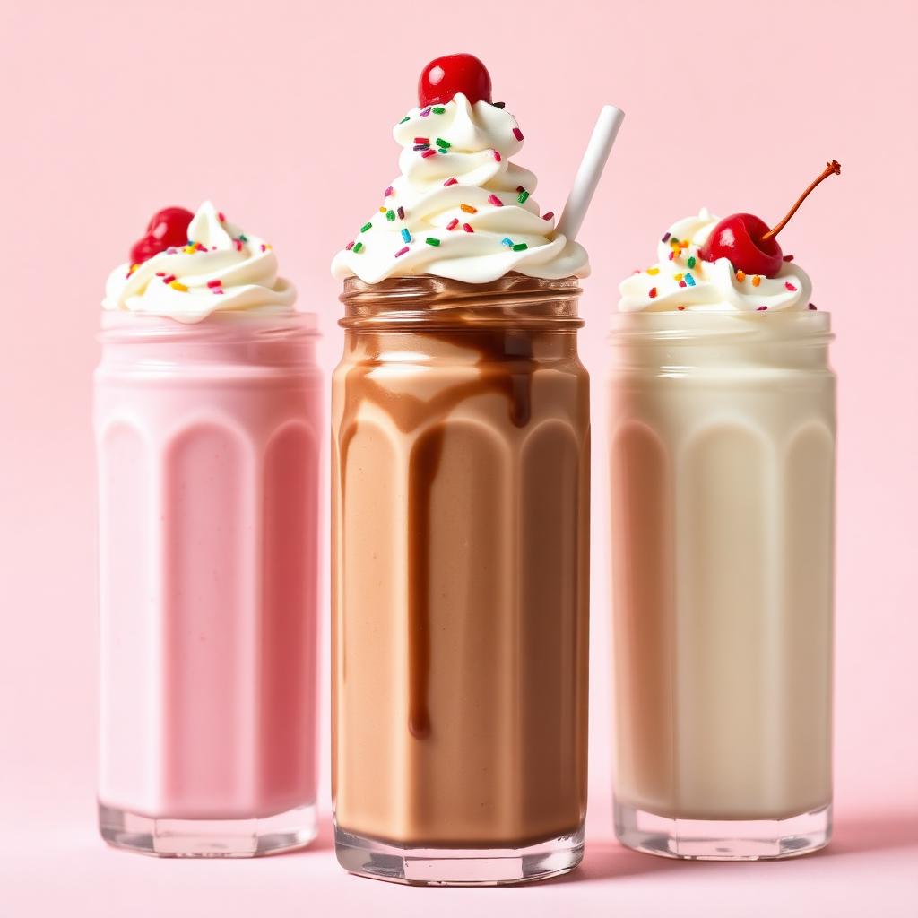 Strawberry, chocolate and vanilla milkshakes with whipped cream